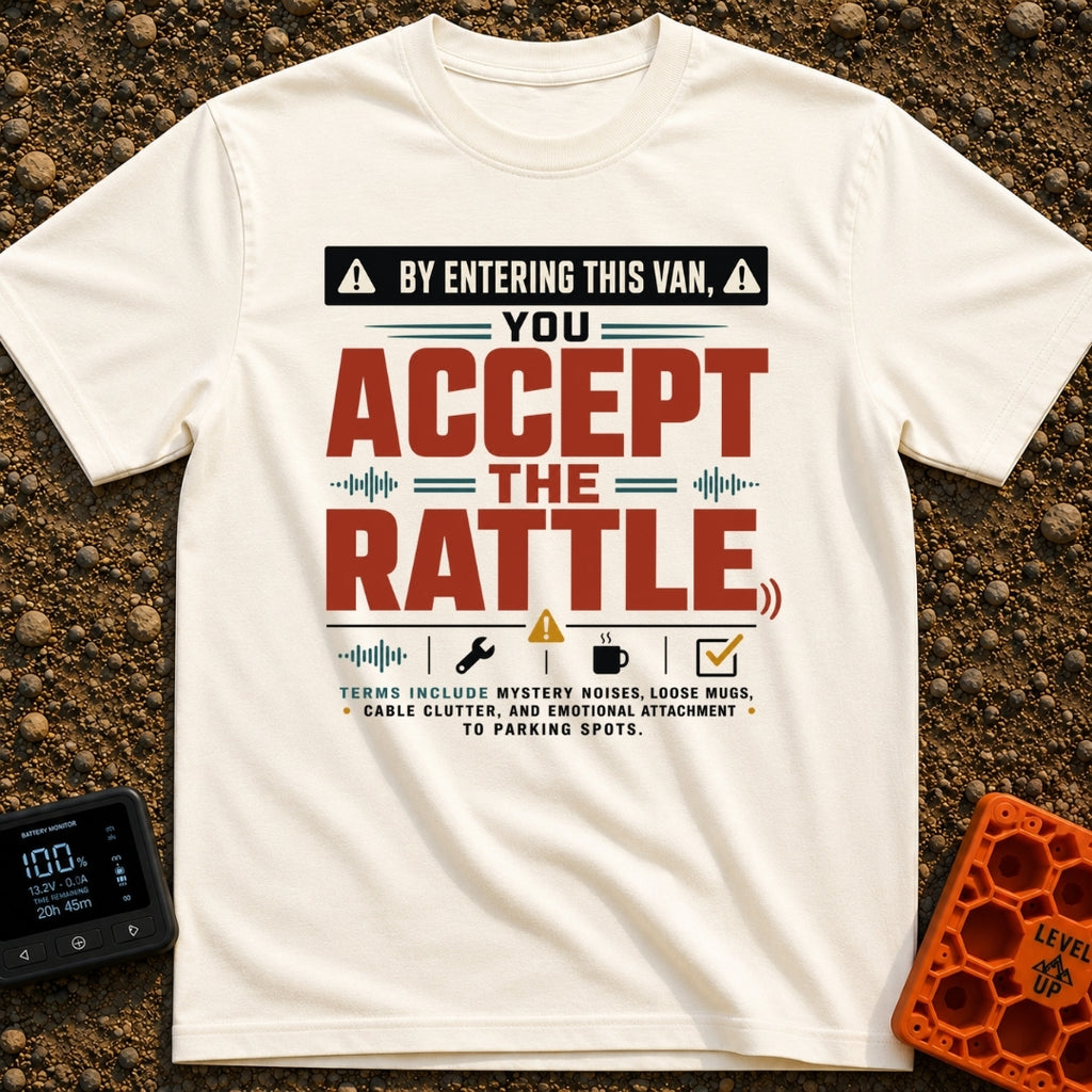 Van Rattle Warning - T-Shirt in Ivory - A typographic design styled like a warning sign featuring the large text "By...