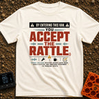 Van Rattle Warning - T-Shirt in Ivory - A typographic design styled like a warning sign featuring the large text "By...