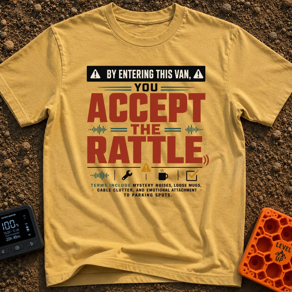 Van Rattle Warning - T-Shirt in Mustard - A typographic design styled like a warning sign featuring the large text "By...