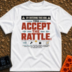 Van Rattle Warning - T-Shirt in White - A typographic design styled like a warning sign featuring the large text "By...