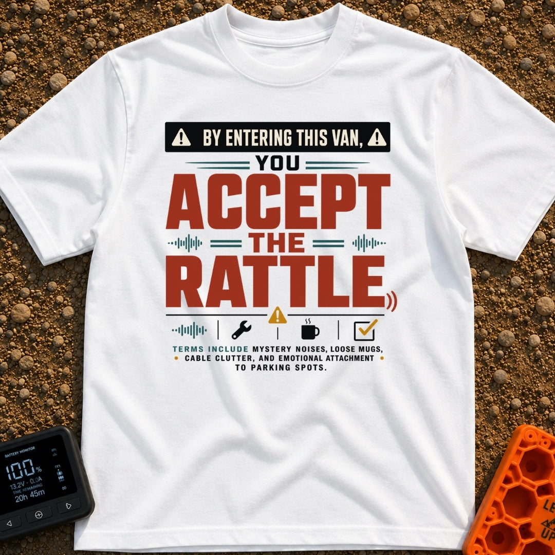 Van Rattle Warning - T-Shirt in White - A typographic design styled like a warning sign featuring the large text "By...