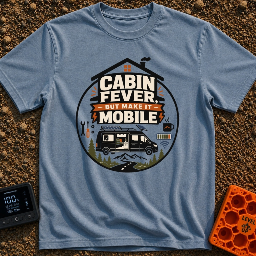 Roam Sweet Roam - T-Shirt in Blue Jean - A circular badge with a house roof outline over typography, featuring a camper...