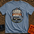 Roam Sweet Roam - T-Shirt in Blue Jean - A circular badge with a house roof outline over typography, featuring a camper...