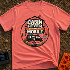 Roam Sweet Roam - T-Shirt in Watermelon - A circular badge with a house roof outline over typography, featuring a camper...