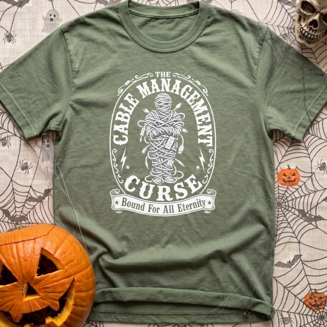 Wired And Confused - T-Shirt in Moss - A black-and-white illustration of a mummy-like figure completely wrapped in...