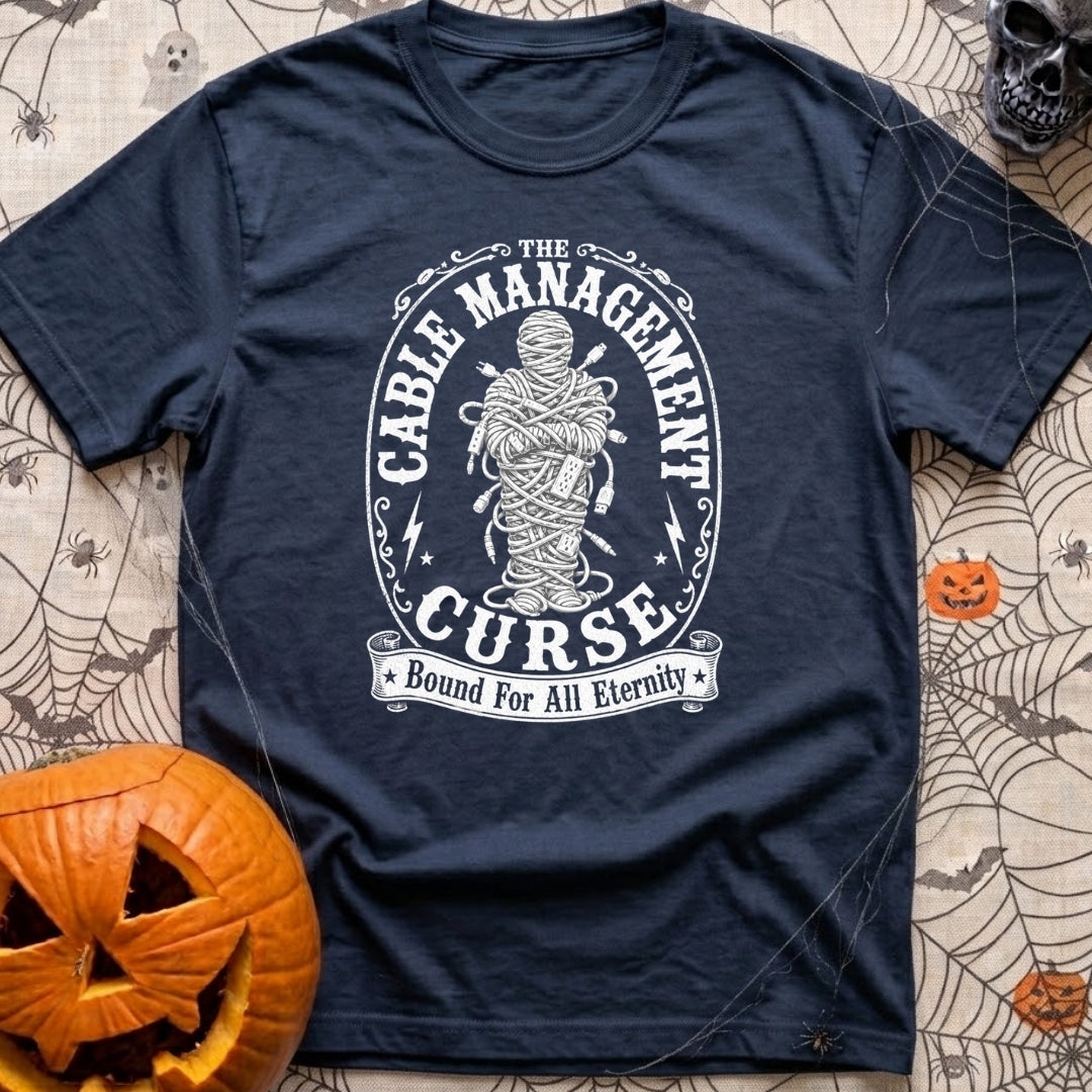 Wired And Confused - T-Shirt in Navy - A black-and-white illustration of a mummy-like figure completely wrapped in...