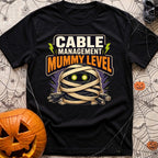 Mummy Cable Management - T-Shirt in Black - A cartoon illustration of a tangled ball of black electrical and data cables...