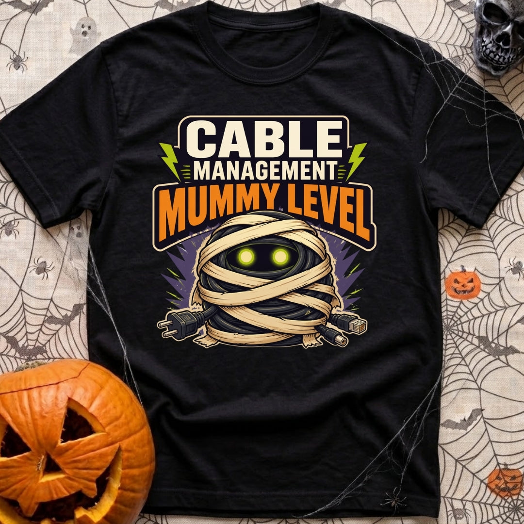 Mummy Cable Management - T-Shirt in Black - A cartoon illustration of a tangled ball of black electrical and data cables...