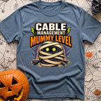 Mummy Cable Management - T-Shirt in Blue Jean - A cartoon illustration of a tangled ball of black electrical and data...