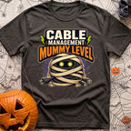 Mummy Cable Management - T-Shirt in Graphite - A cartoon illustration of a tangled ball of black electrical and data...