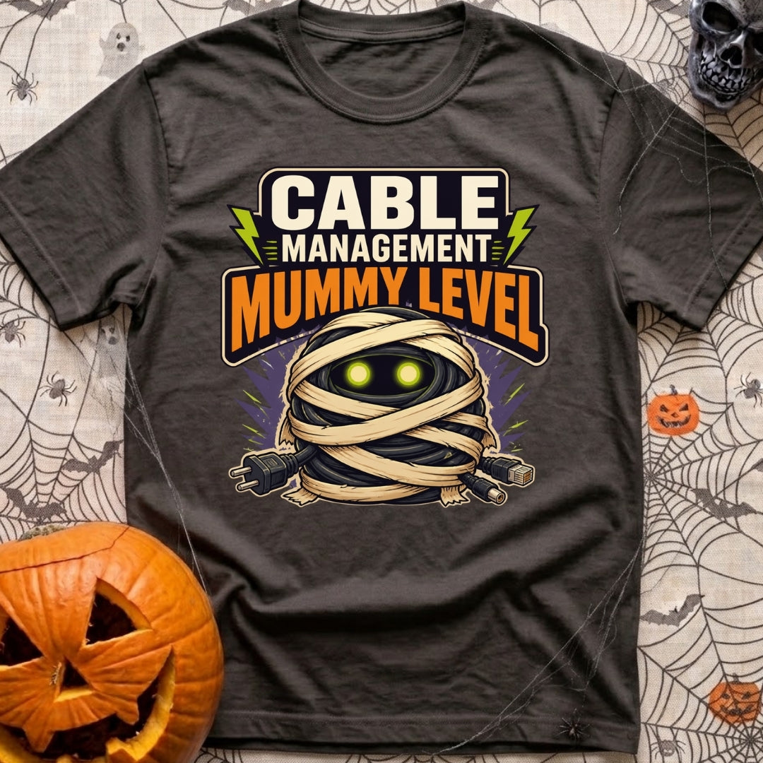 Mummy Cable Management - T-Shirt in Graphite - A cartoon illustration of a tangled ball of black electrical and data...