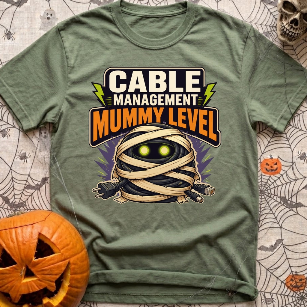Mummy Cable Management - T-Shirt in Moss - A cartoon illustration of a tangled ball of black electrical and data cables...