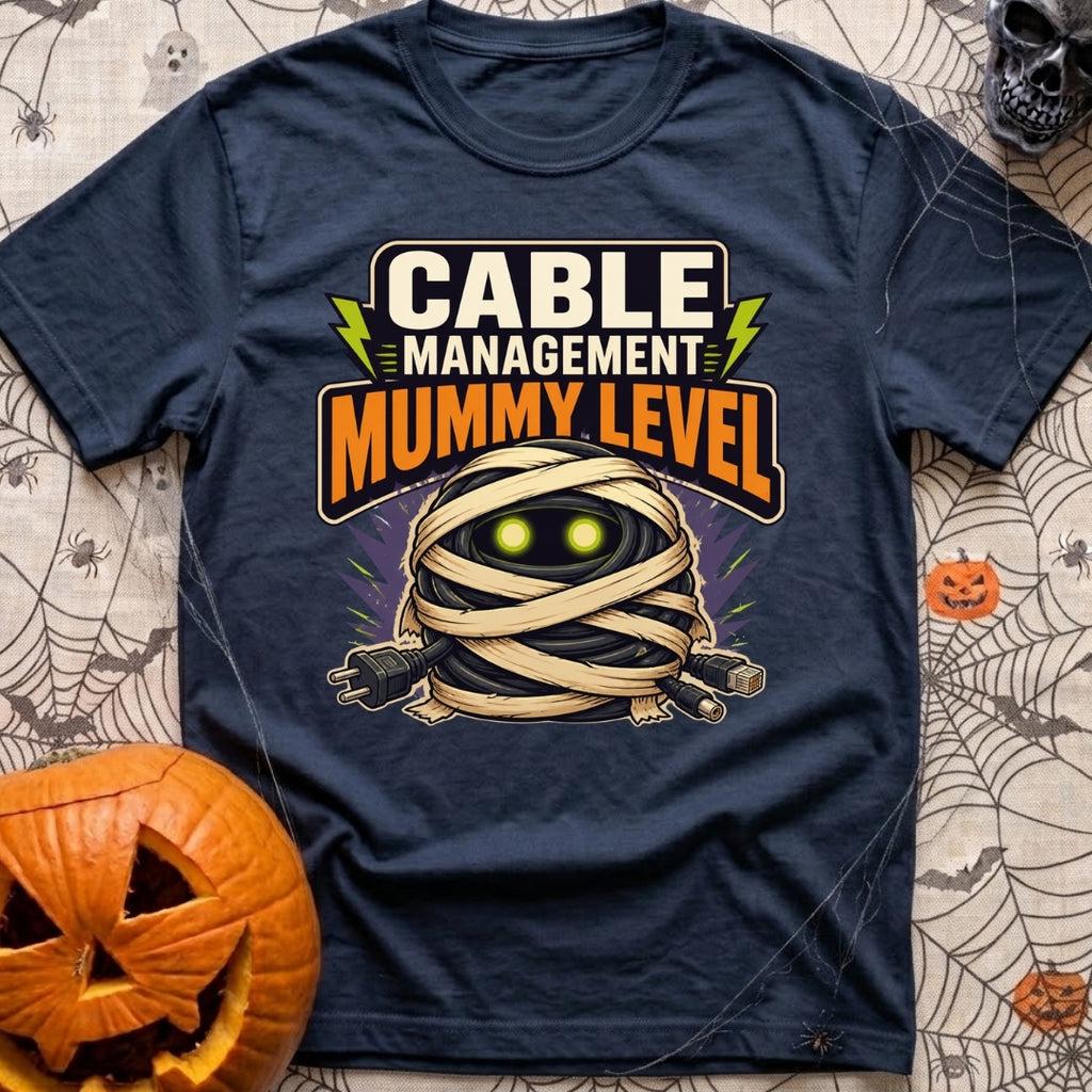 Mummy Cable Management - T-Shirt in Navy - A cartoon illustration of a tangled ball of black electrical and data cables...