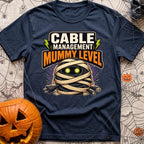 Mummy Cable Management - T-Shirt in Navy - A cartoon illustration of a tangled ball of black electrical and data cables...