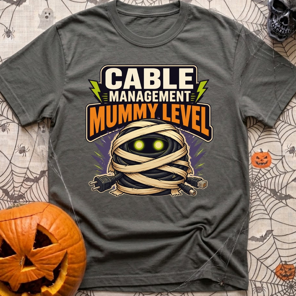 Mummy Cable Management - T-Shirt in Pepper - A cartoon illustration of a tangled ball of black electrical and data cables...
