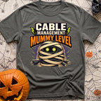 Mummy Cable Management - T-Shirt in Pepper - A cartoon illustration of a tangled ball of black electrical and data cables...