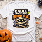 Mummy Cable Management - T-Shirt in White - A cartoon illustration of a tangled ball of black electrical and data cables...