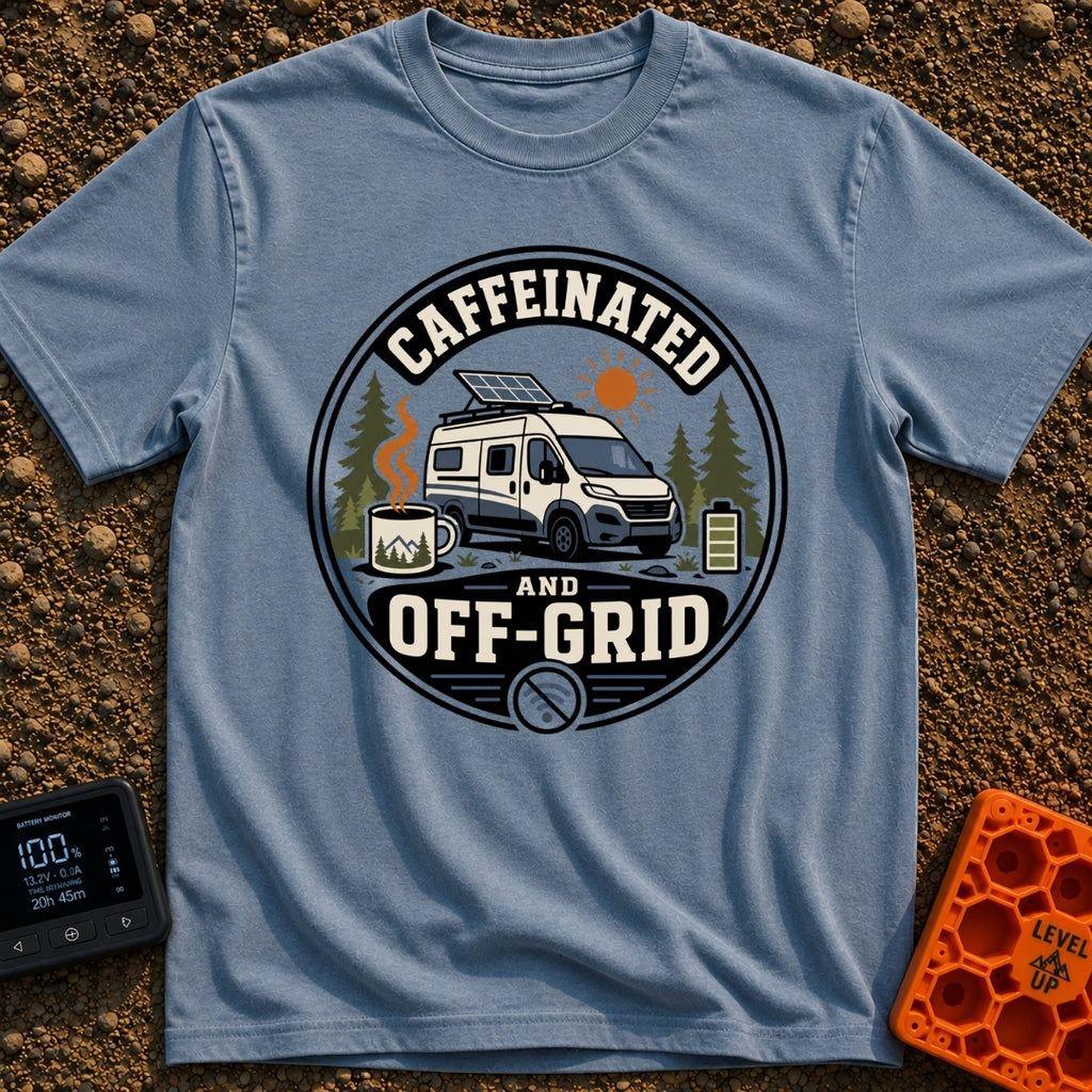 Wired And Unplugged - T-Shirt in Blue Jean - A circular graphic featuring a camper van parked among pine trees with a...
