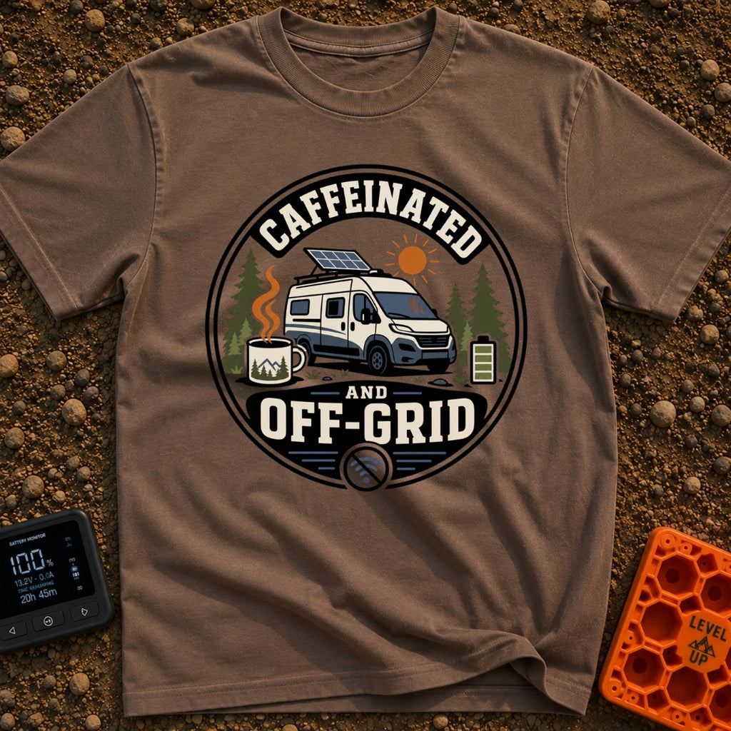 Wired And Unplugged - T-Shirt in Espresso - A circular graphic featuring a camper van parked among pine trees with a...