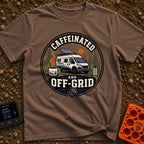 Wired And Unplugged - T-Shirt in Espresso - A circular graphic featuring a camper van parked among pine trees with a...