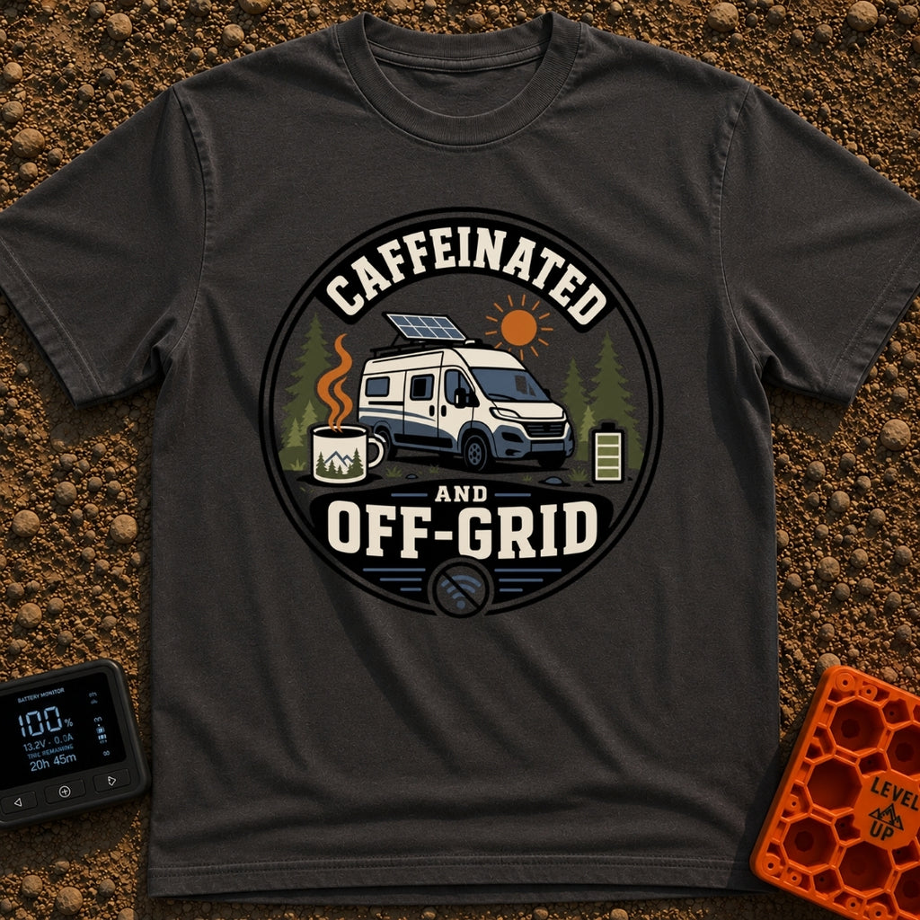 Wired And Unplugged - T-Shirt in Graphite - A circular graphic featuring a camper van parked among pine trees with a...