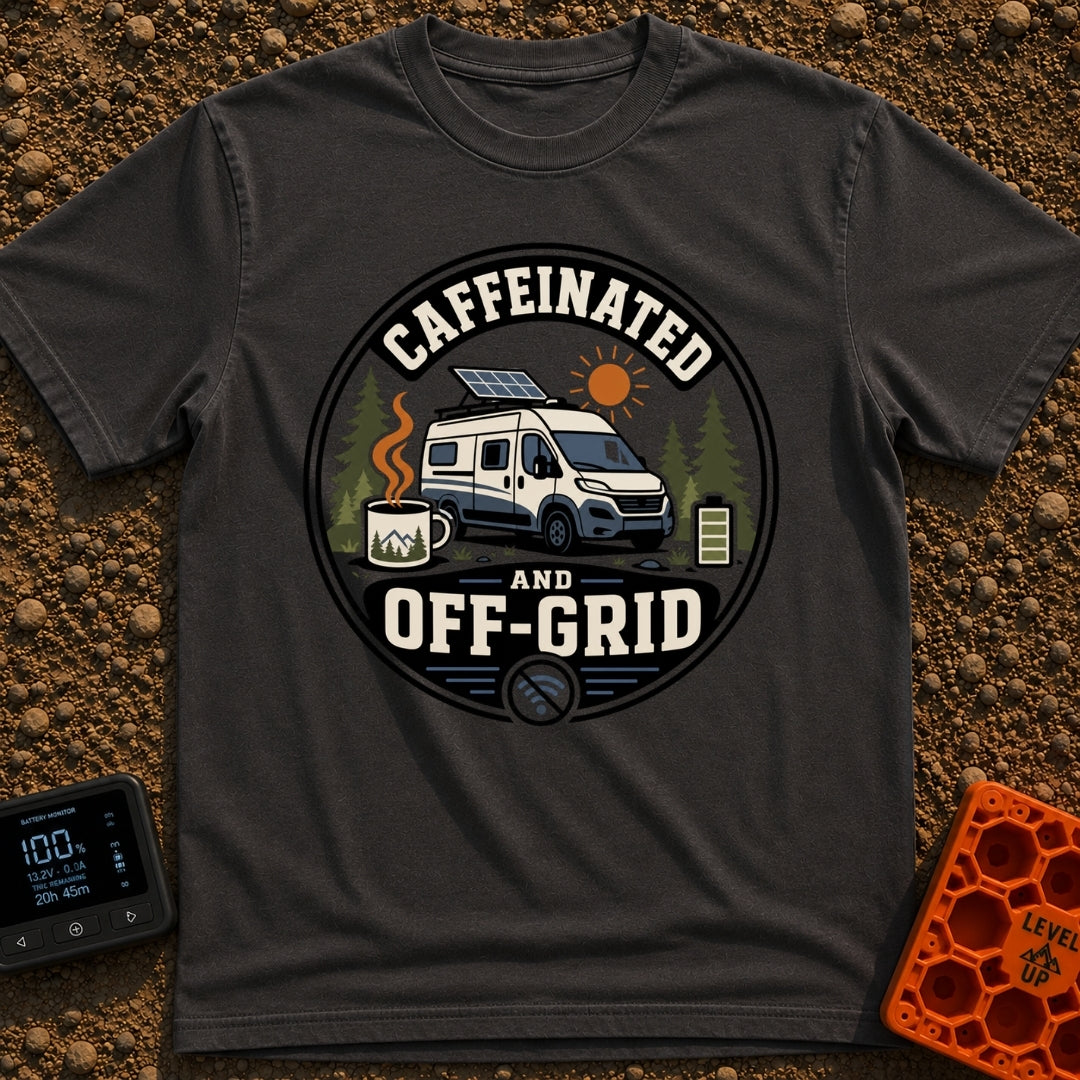 Wired And Unplugged - T-Shirt in Graphite - A circular graphic featuring a camper van parked among pine trees with a...