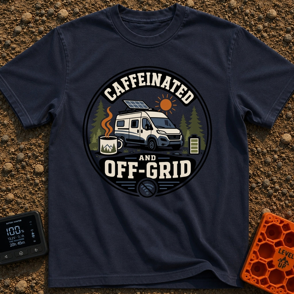 Wired And Unplugged - T-Shirt in Navy - A circular graphic featuring a camper van parked among pine trees with a deployed...