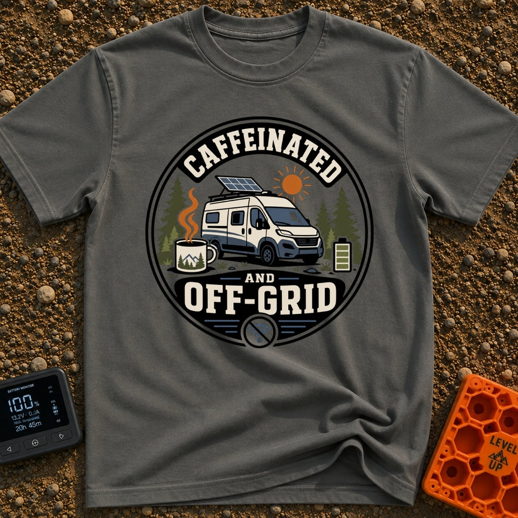 Wired And Unplugged - T-Shirt in Pepper - A circular graphic featuring a camper van parked among pine trees with a...