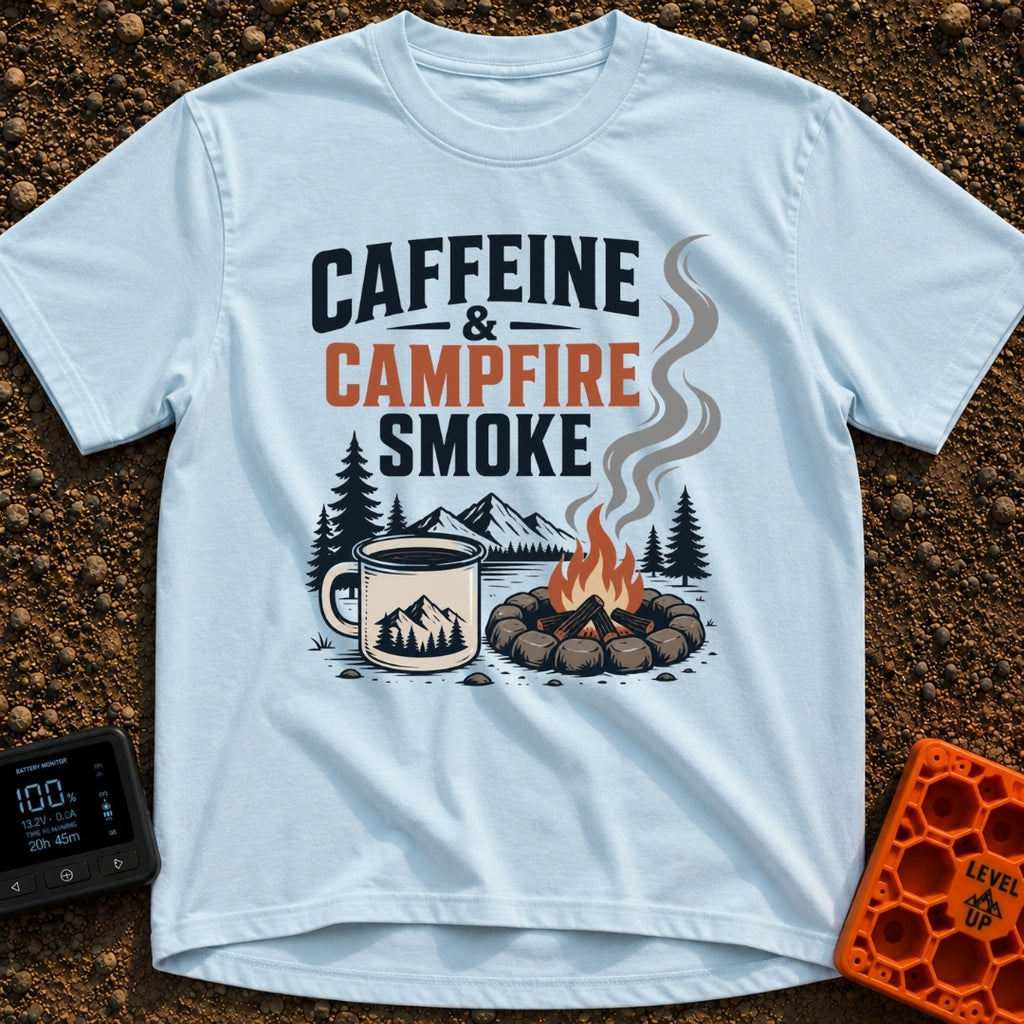 Caffeine And Campfires - T-Shirt in Chambray - A large camp mug filled with coffee next to a stone-ringed campfire with...