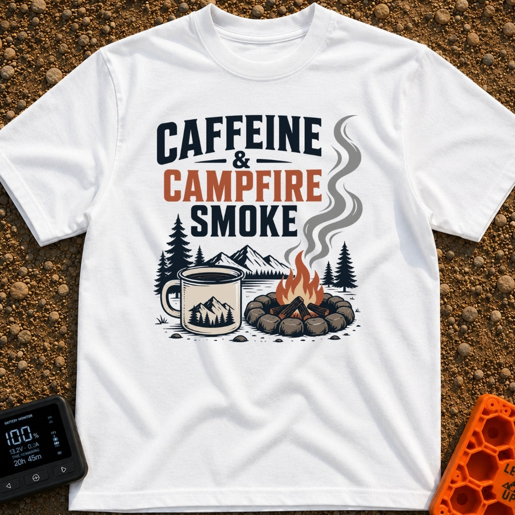 Caffeine And Campfires - T-Shirt in White - A large camp mug filled with coffee next to a stone-ringed campfire with...