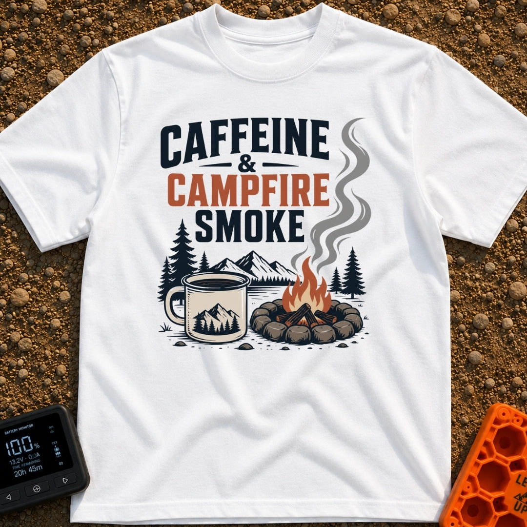 Caffeine And Campfires - T-Shirt in White - A large camp mug filled with coffee next to a stone-ringed campfire with...