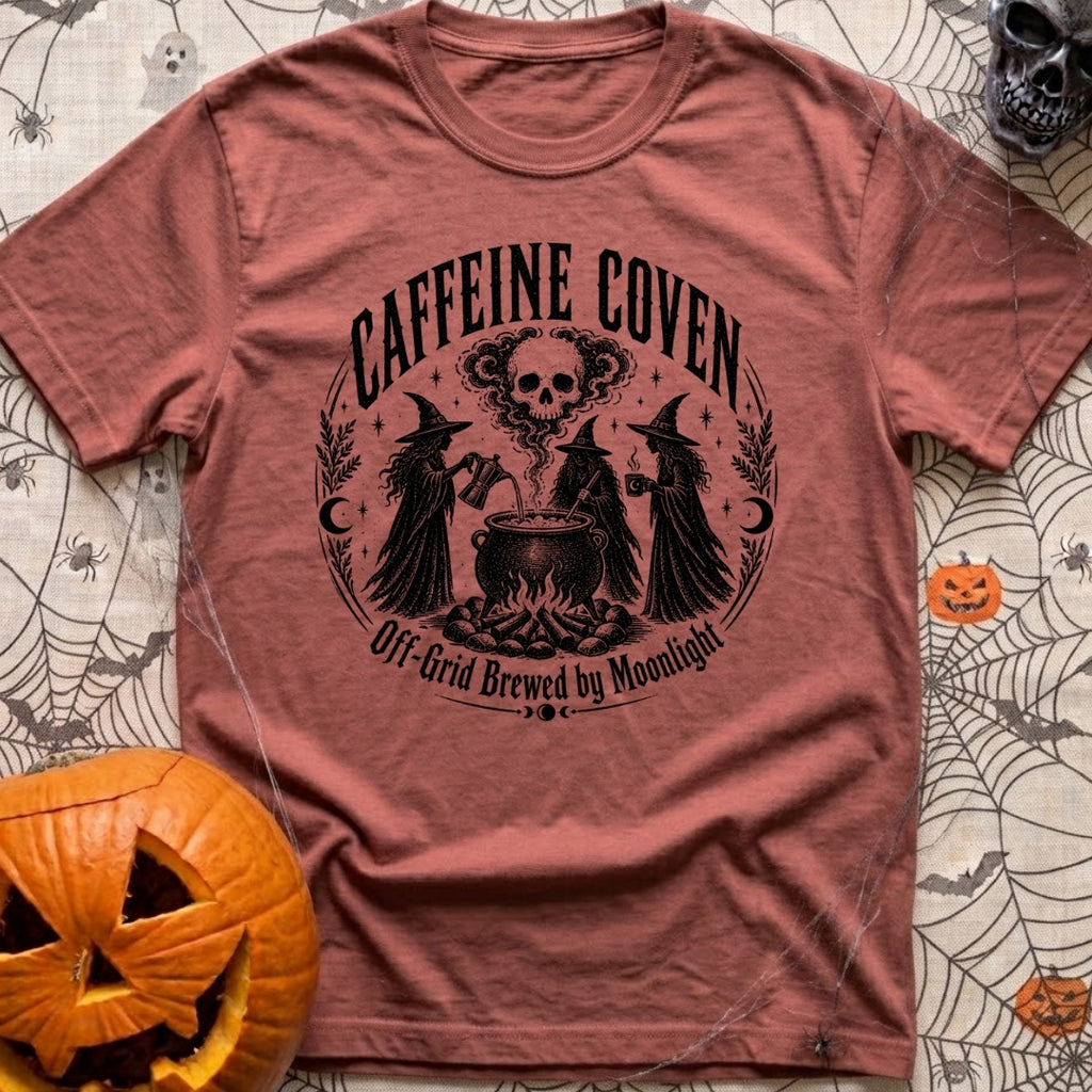 Wake The Coven - T-Shirt in Brick - A black and white circular illustration of three witches standing around a cauldron...