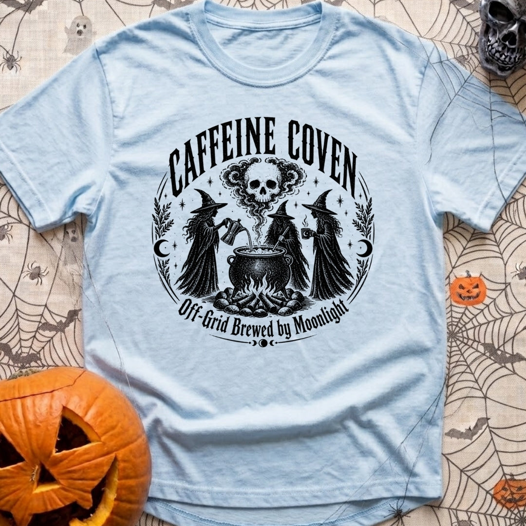 Wake The Coven - T-Shirt in Chambray - A black and white circular illustration of three witches standing around a...
