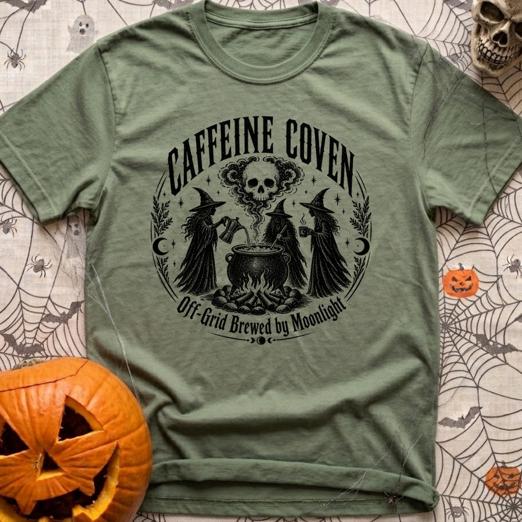 Wake The Coven - T-Shirt in Moss - A black and white circular illustration of three witches standing around a cauldron...