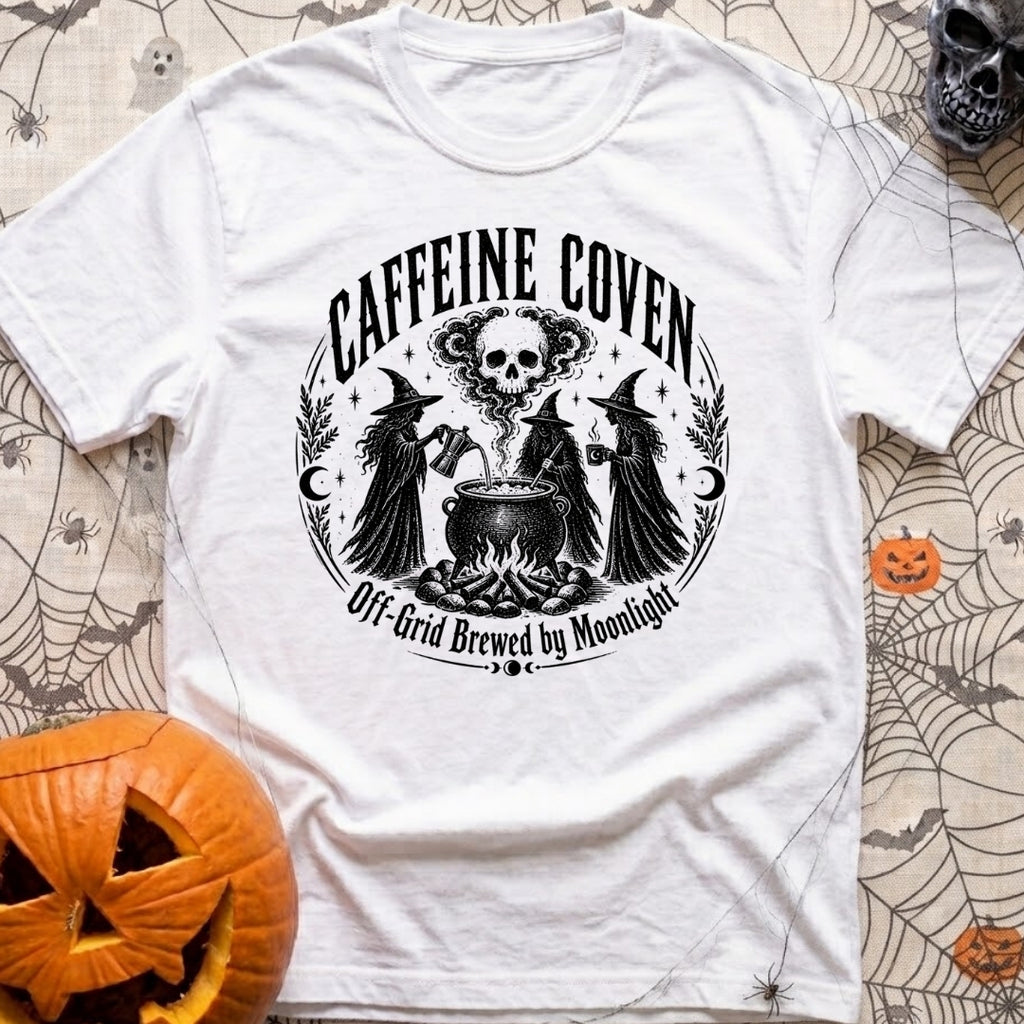 Wake The Coven - T-Shirt in White - A black and white circular illustration of three witches standing around a cauldron...
