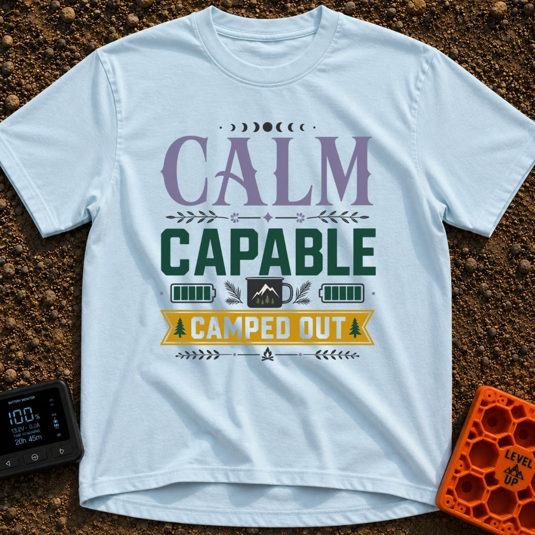 Calm Capable Camped Out - T-Shirt in Chambray - A typographic design featuring the words "CALM CAPABLE CAMPED OUT"...