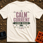 Current State Of Mind - T-Shirt in Ivory - A typography-focused design reading "CALM CURRENT LONG ROAD" with a campervan...