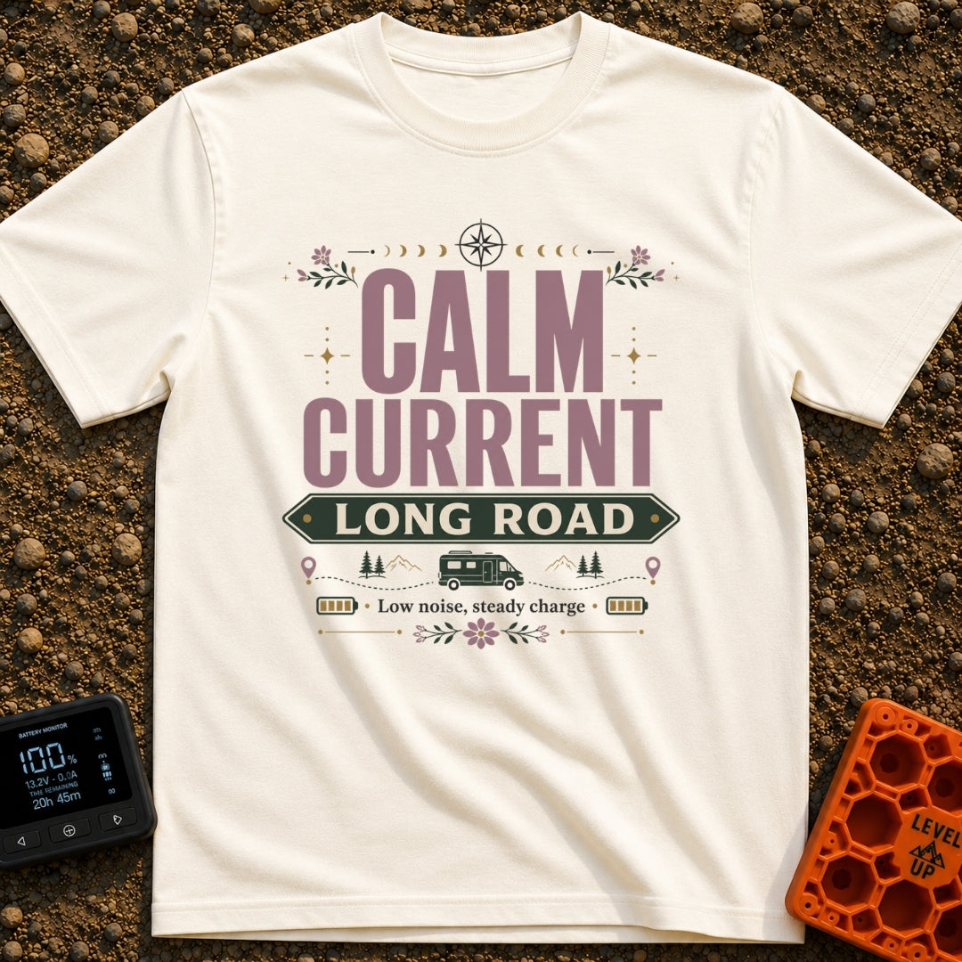 Current State Of Mind - T-Shirt in Ivory - A typography-focused design reading "CALM CURRENT LONG ROAD" with a campervan...