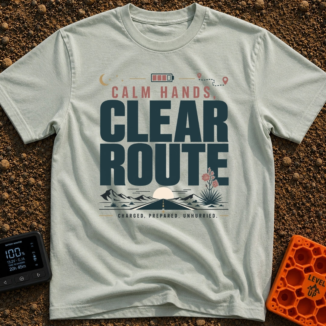 Slow Down Charge Up - T-Shirt in Bay - Text reading "Calm Hands, Clear Route" and "Charged, Prepared, Unhurried"...