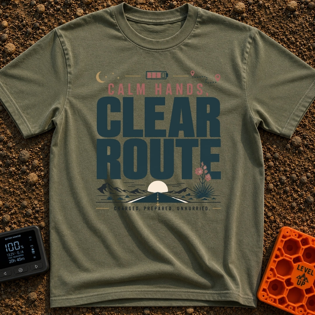Slow Down Charge Up - T-Shirt in Moss - Text reading "Calm Hands, Clear Route" and "Charged, Prepared, Unhurried"...