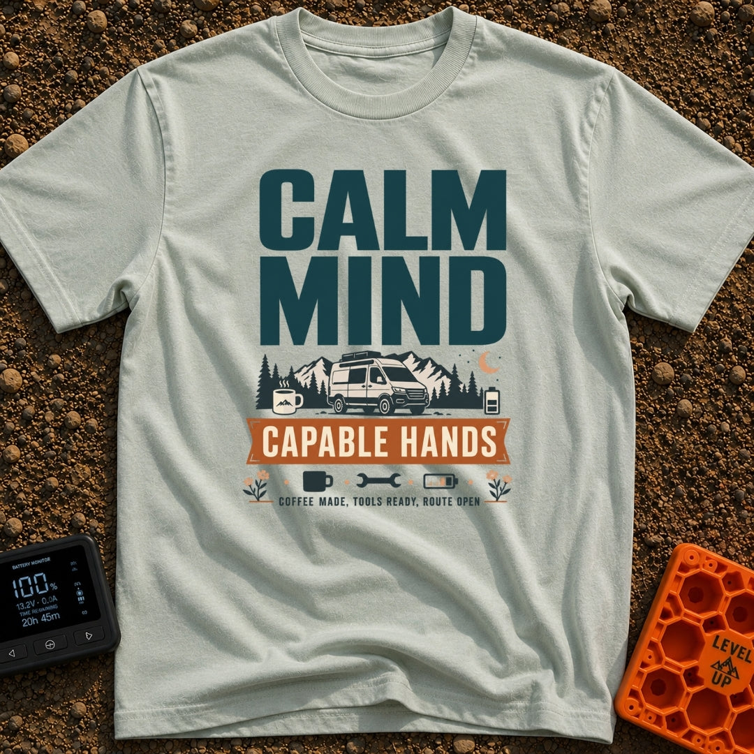 Calm And Capable - T-Shirt in Bay - A typographic graphic reading "CALM MIND" above a camper van parked in front of...