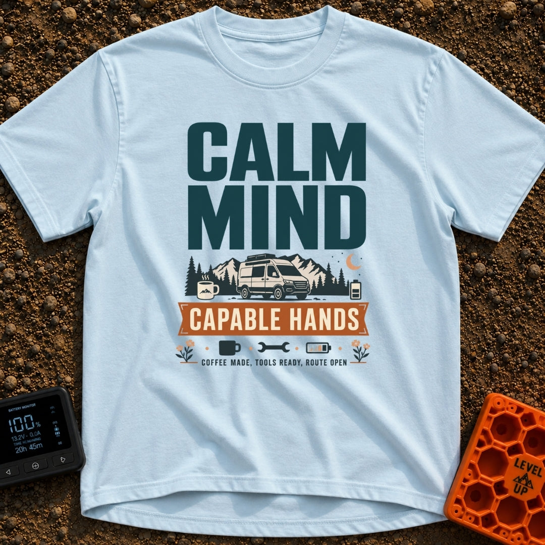 Calm And Capable - T-Shirt in Chambray - A typographic graphic reading "CALM MIND" above a camper van parked in front of...