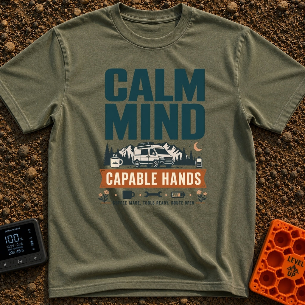 Calm And Capable - T-Shirt in Moss - A typographic graphic reading "CALM MIND" above a camper van parked in front of...