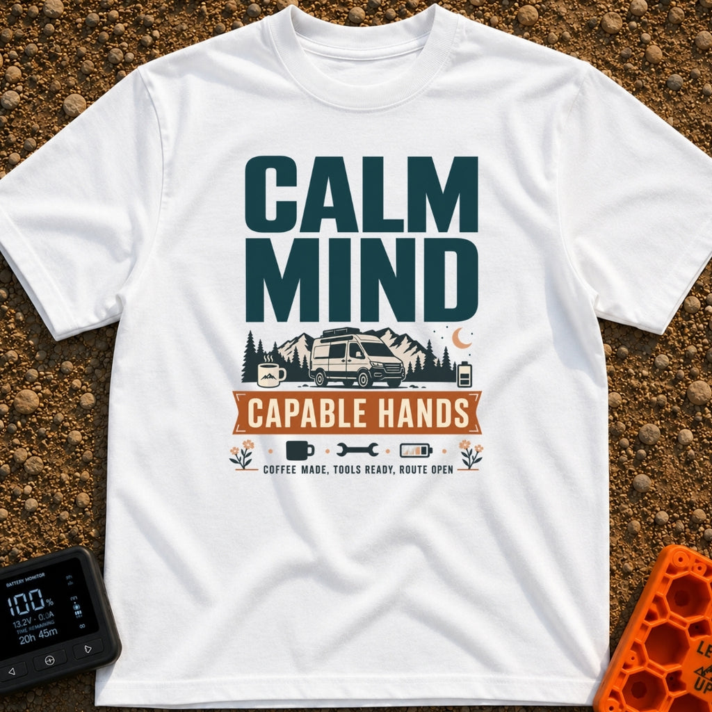 Calm And Capable - T-Shirt in White - A typographic graphic reading "CALM MIND" above a camper van parked in front of...