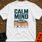 Calm And Capable - T-Shirt in White - A typographic graphic reading "CALM MIND" above a camper van parked in front of...