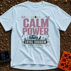 Powered By Loyal Shadows - T-Shirt in Chambray - A camper van parked next to a silhouette of a sitting dog with mountains...