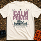 Powered By Loyal Shadows - T-Shirt in Ivory - A camper van parked next to a silhouette of a sitting dog with mountains...