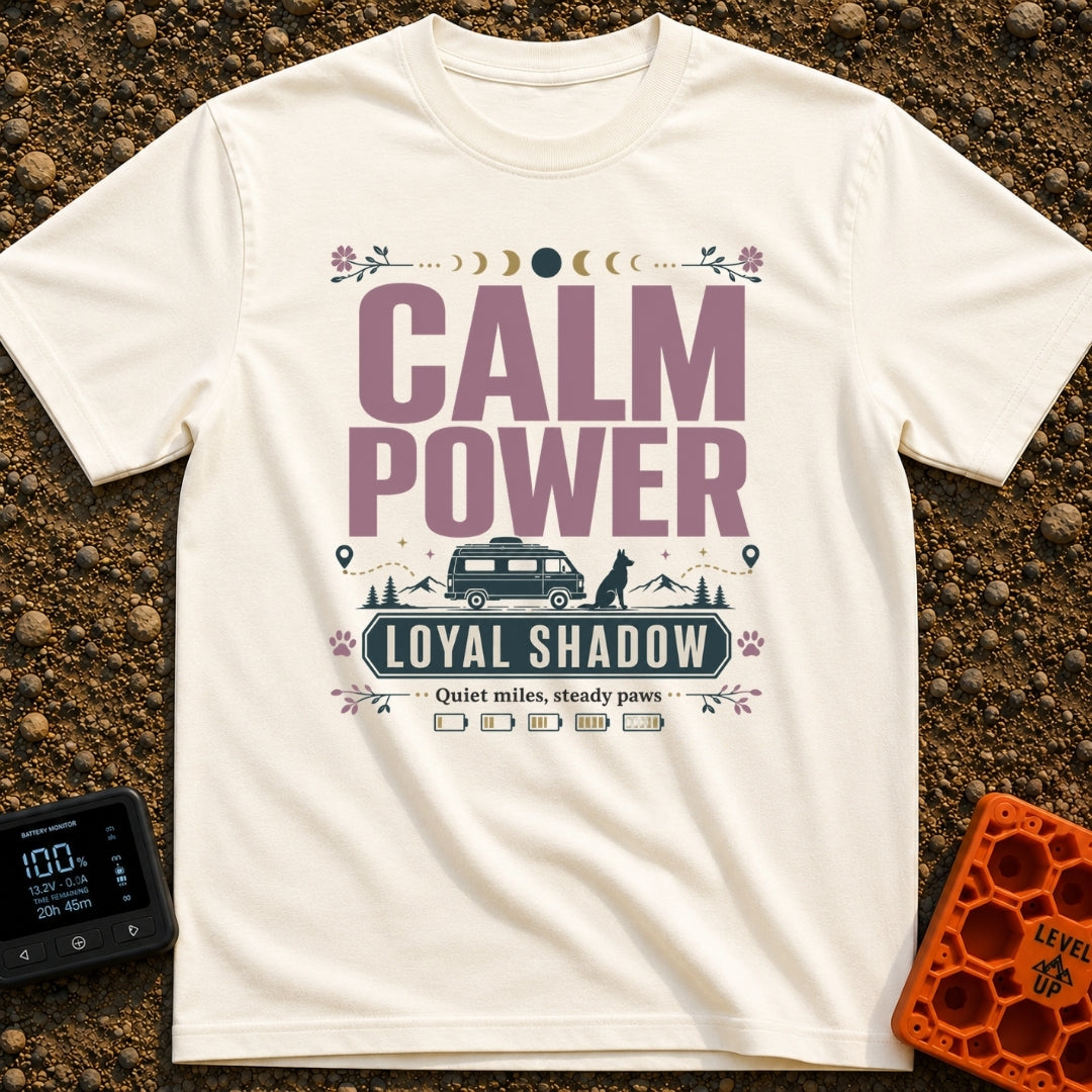 Powered By Loyal Shadows - T-Shirt in Ivory - A camper van parked next to a silhouette of a sitting dog with mountains...