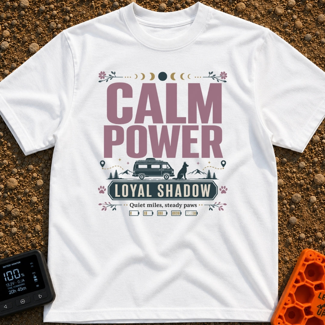 Powered By Loyal Shadows - T-Shirt in White - A camper van parked next to a silhouette of a sitting dog with mountains...