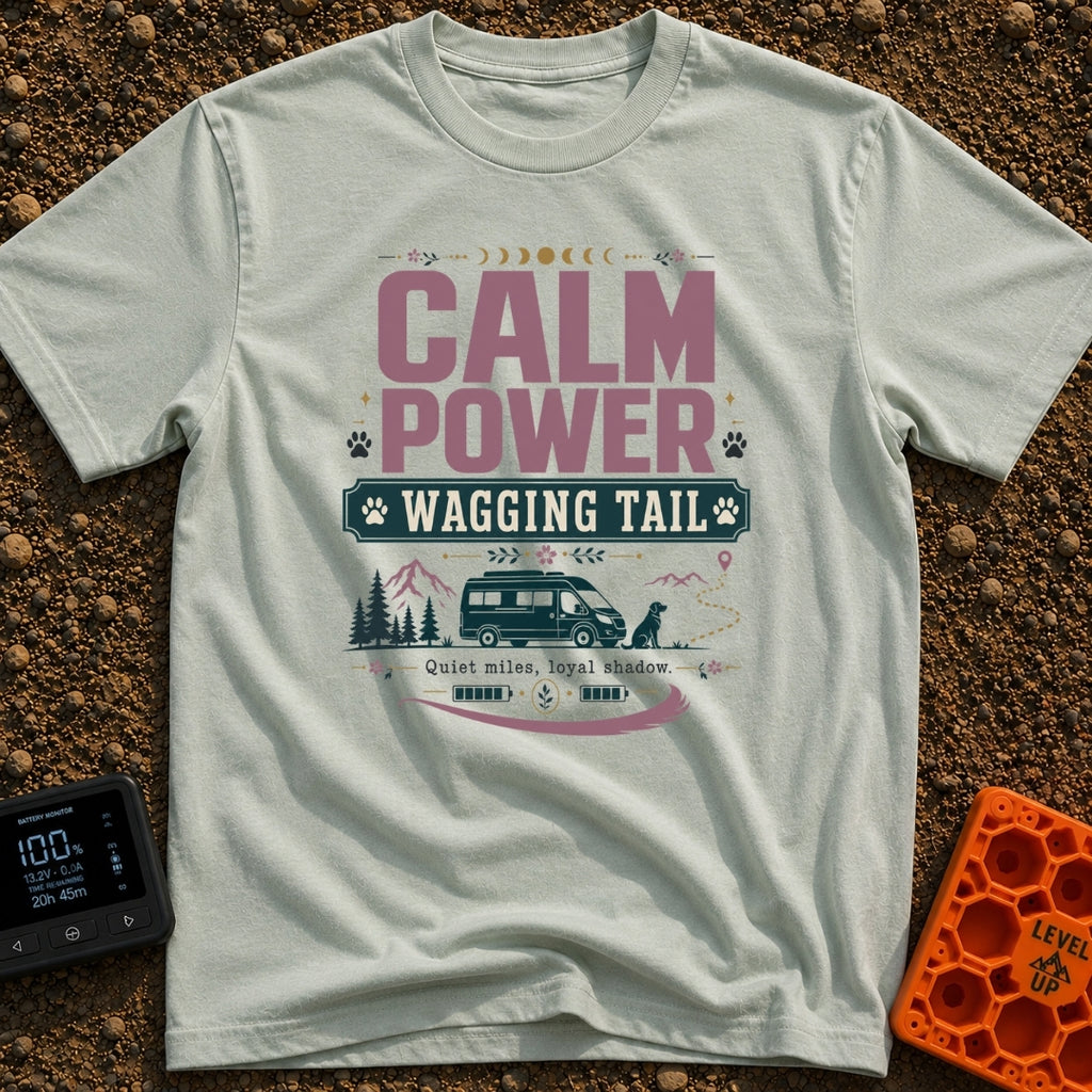 Powered By Wagging Tails - T-Shirt in Bay - A graphic design featuring the text "CALM POWER WAGGING TAIL" and "Quiet...